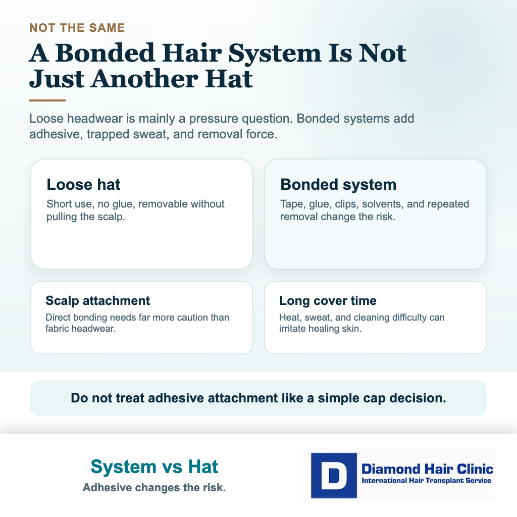 Comparison card showing why a bonded hair system is not the same as a loose hat after a hair transplant