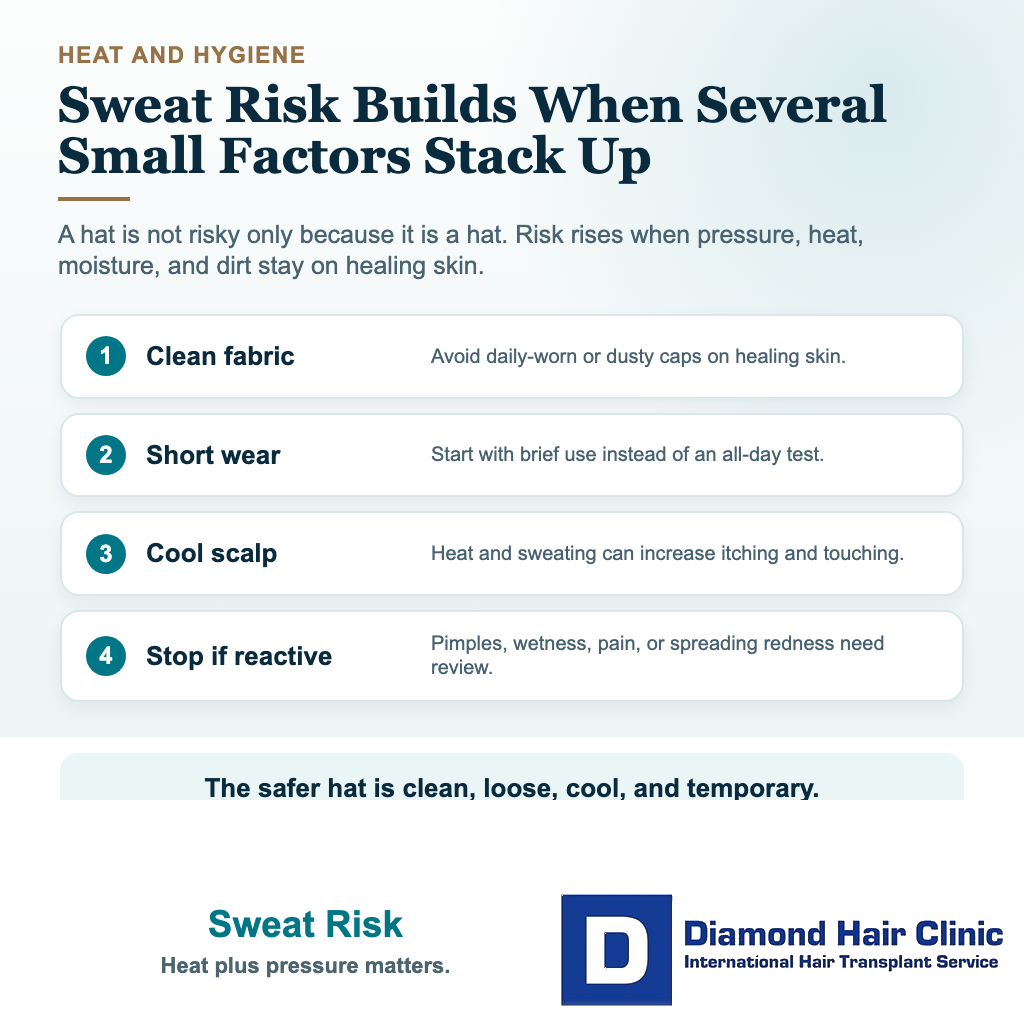 Safety ladder showing how heat, sweat, dirty fabric, and long wear can irritate the scalp after hair transplant