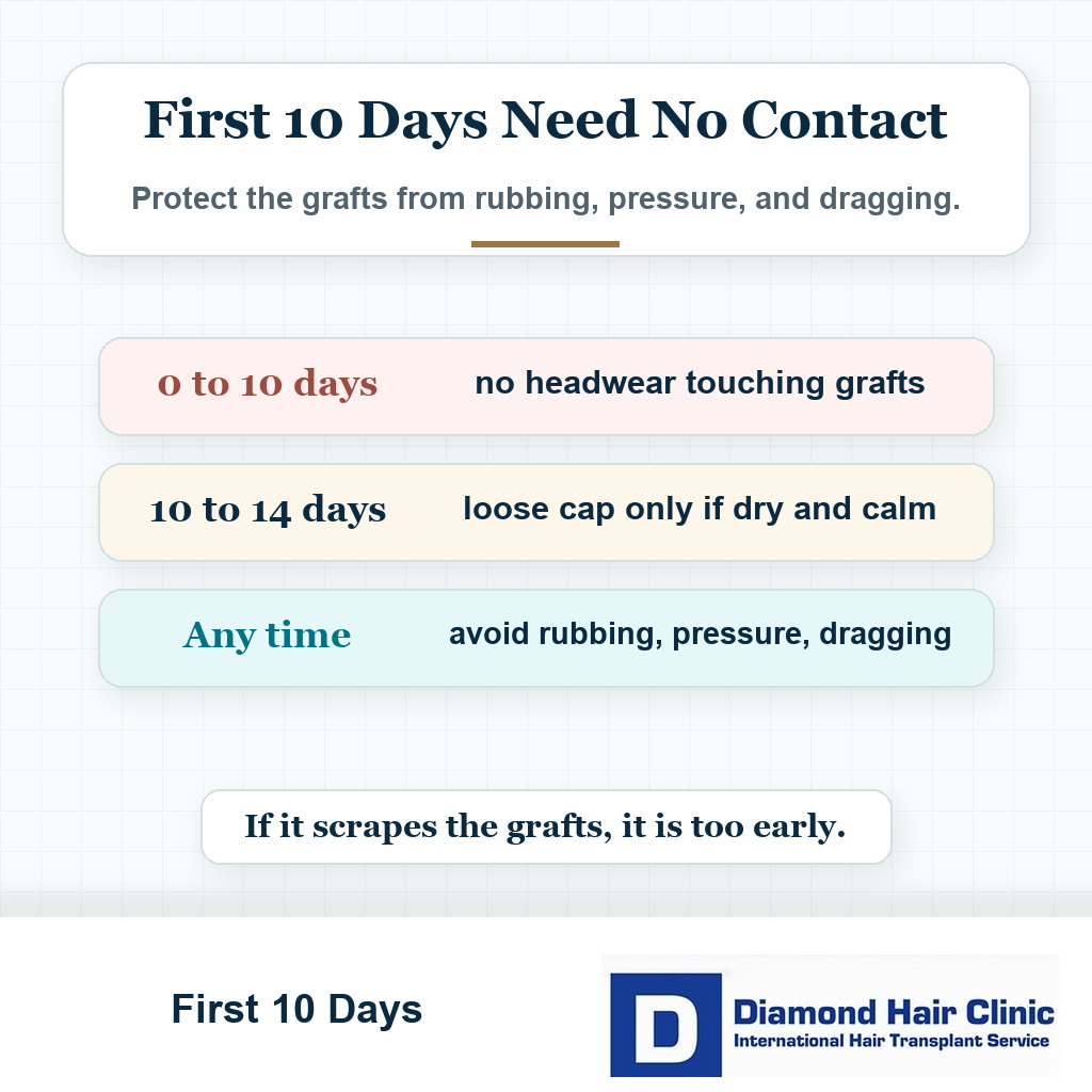 Timeline card explaining that the first 10 days after hair transplant need no hat contact on the grafts