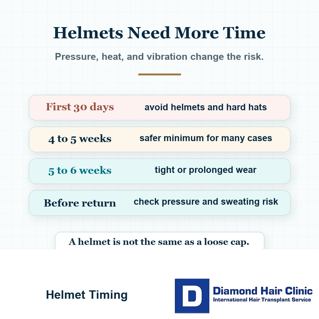 Timeline card showing when motorcycle helmets and hard hats may be safer after hair transplant surgery
