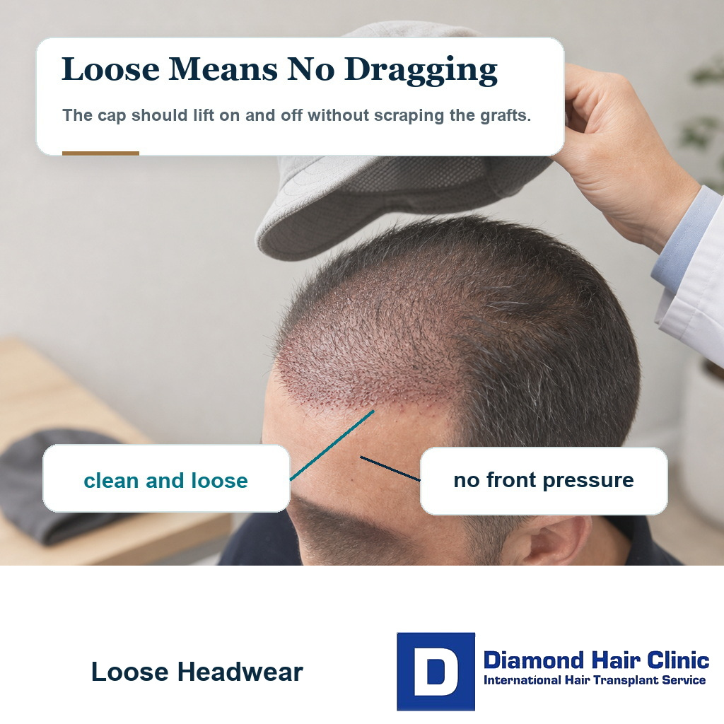 Visual showing a loose clean cap held above the recipient area without dragging after hair transplant
