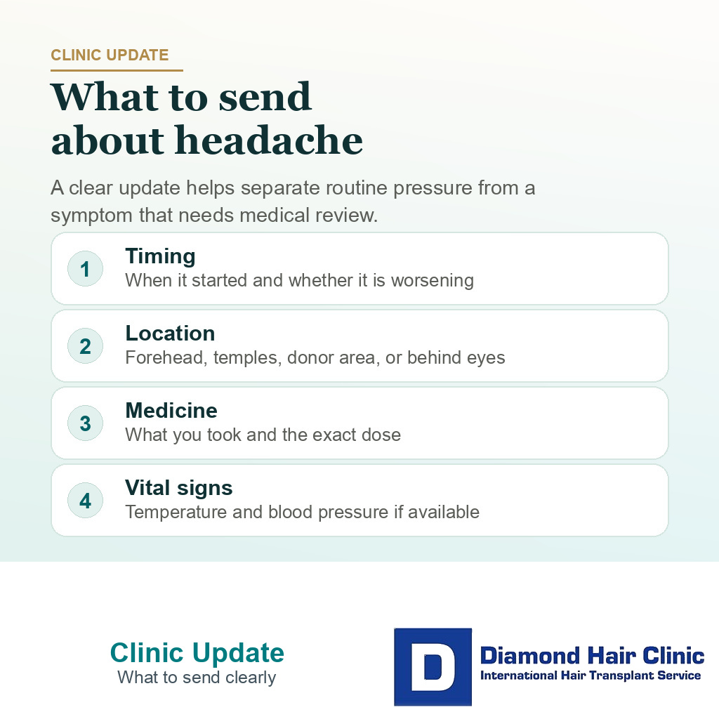 Information card showing what to send the clinic about headache timing location medicine and vital signs