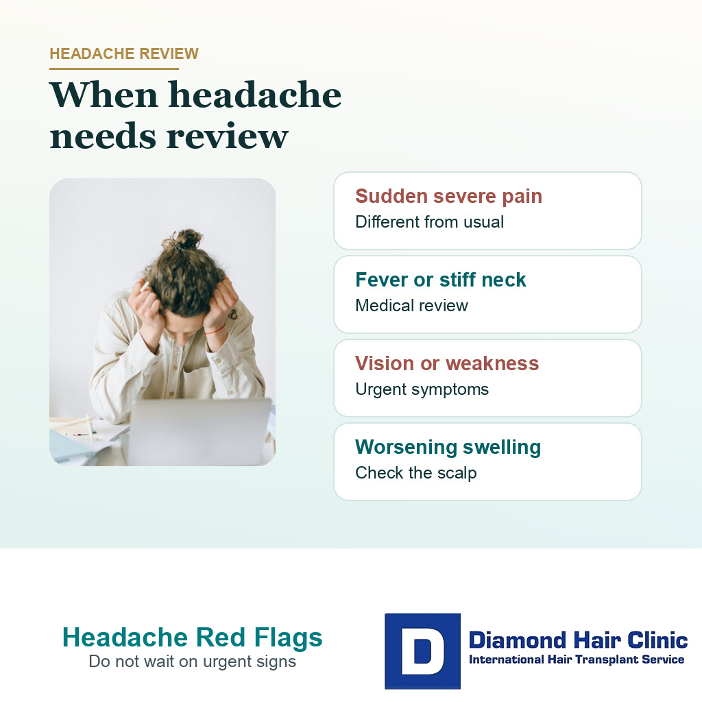 Support card listing sudden severe pain fever stiff neck vision weakness and worsening swelling as headache warning signs