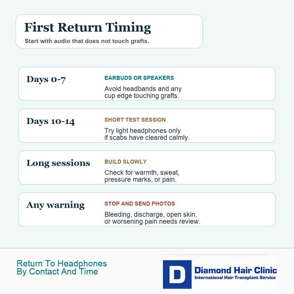 Timing card for earbuds and headphones after hair transplant recovery