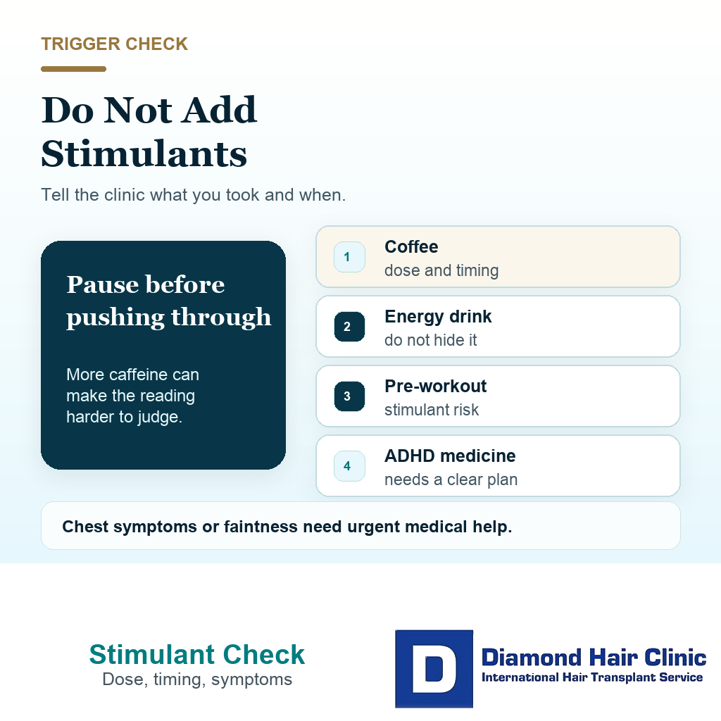 Support visual explaining stimulant disclosure and caffeine caution when the heart races around hair transplant surgery