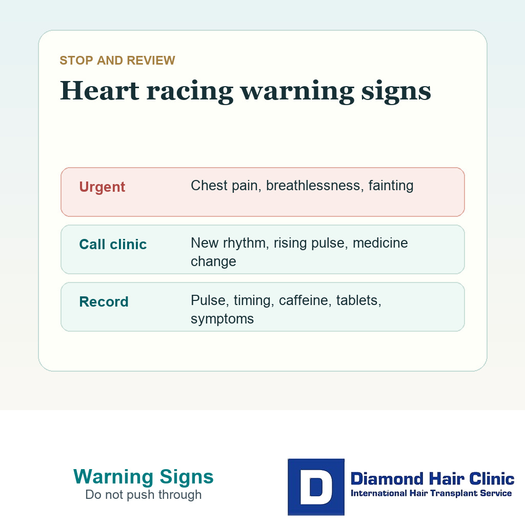Heart racing after hair transplant warning signs card with chest pain breathlessness fainting and worsening rhythm