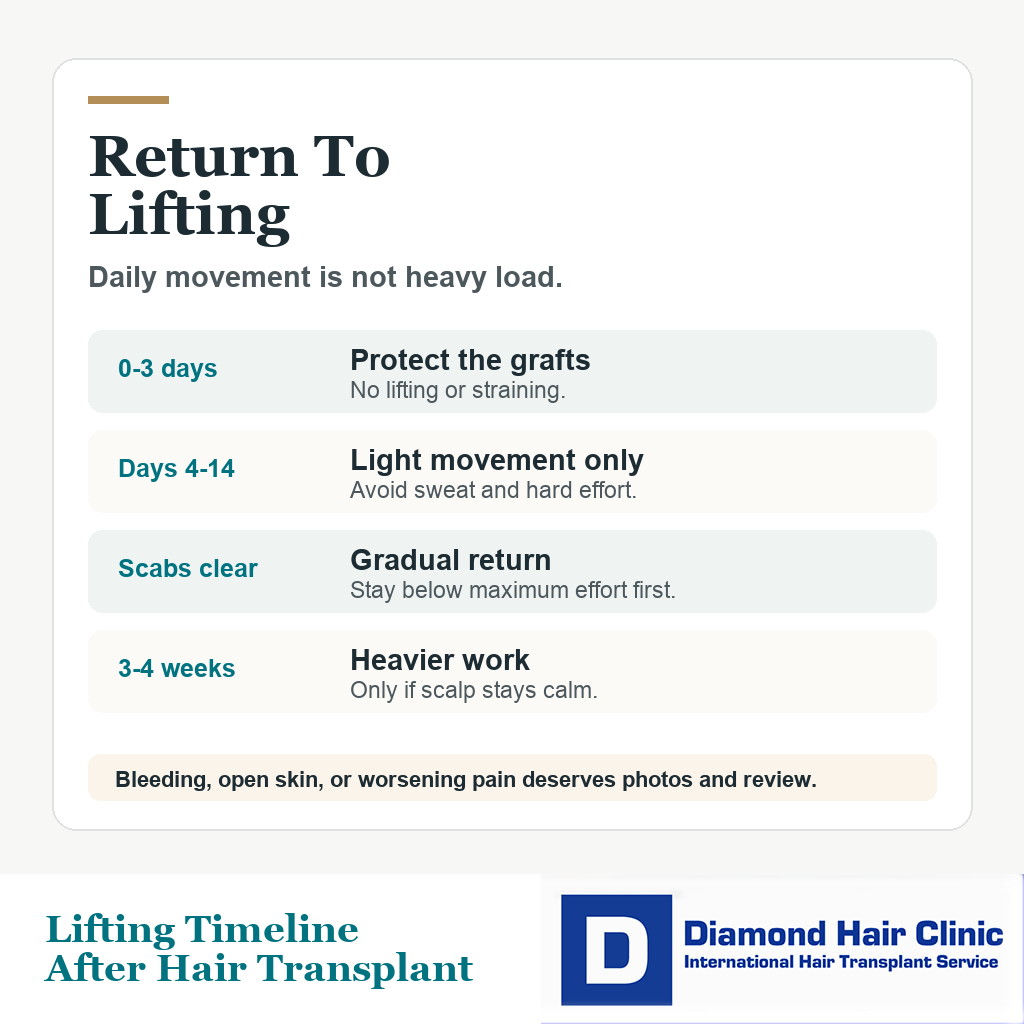 Timeline card showing how lifting restrictions change during the first month after a hair transplant