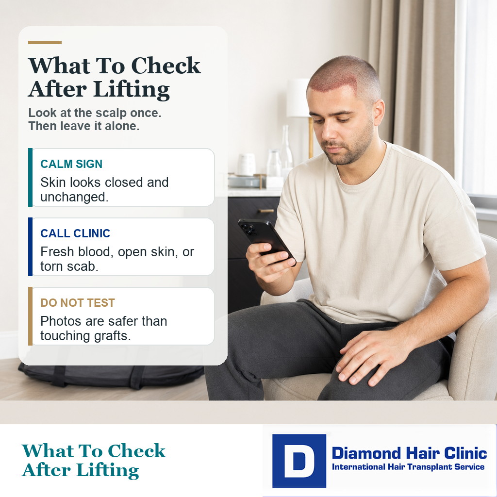 Medical editorial visual showing what to check after lifting something heavy after a hair transplant