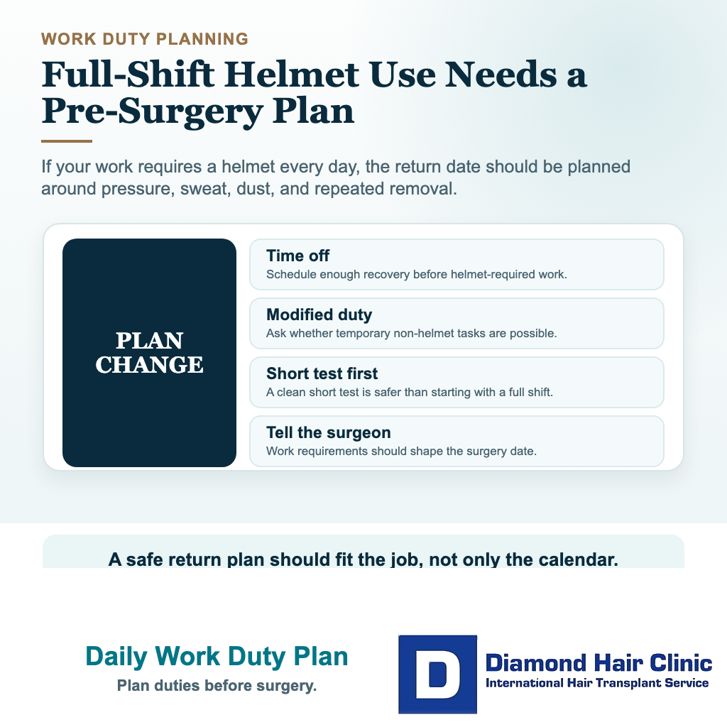 Hair transplant helmet visual explaining daily helmet work duty planning after surgery