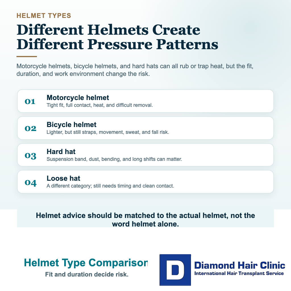 Hair transplant helmet visual comparing motorcycle bicycle and hard hat pressure risks after surgery