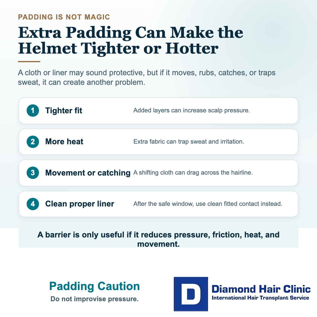 Hair transplant helmet visual explaining why extra padding under a helmet can increase pressure heat and rubbing