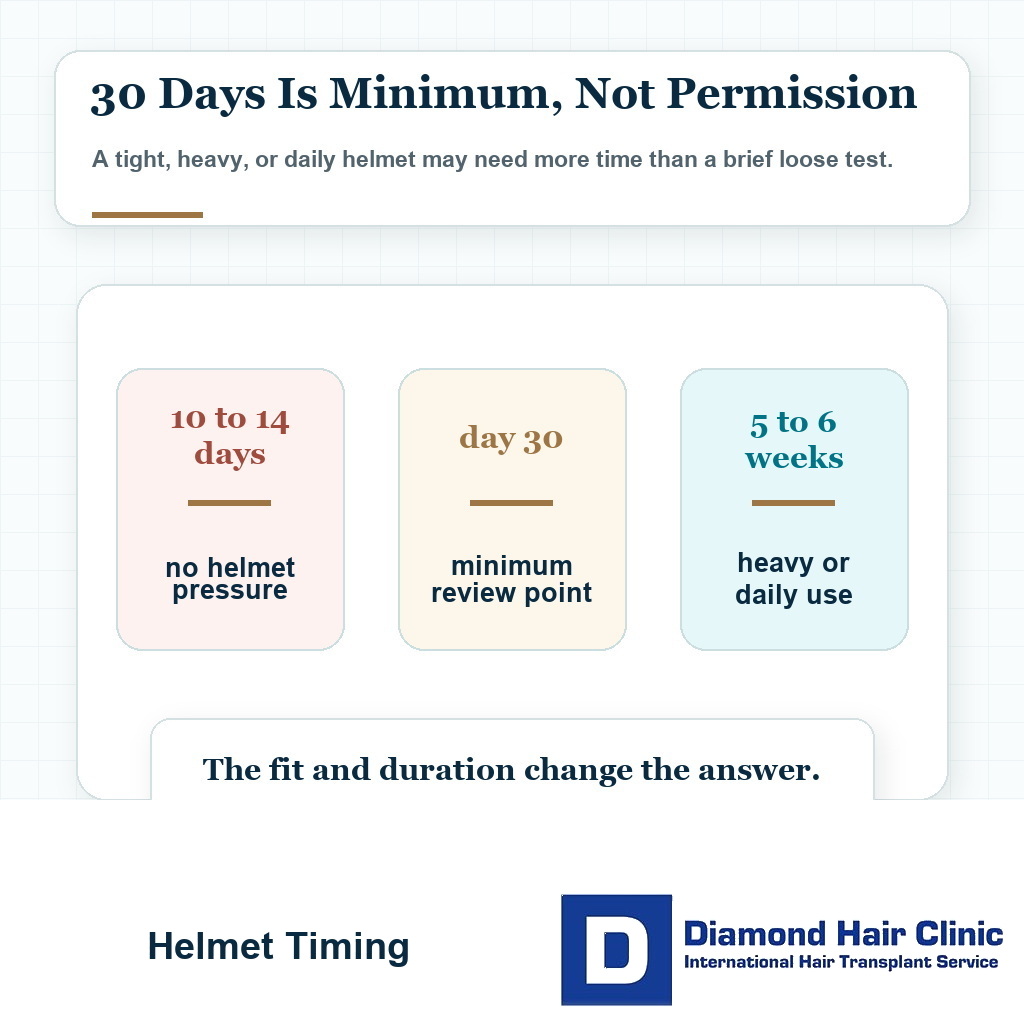 Timing card showing no helmet during early healing, 30 days as a minimum, and longer delay for heavy or daily helmet use
