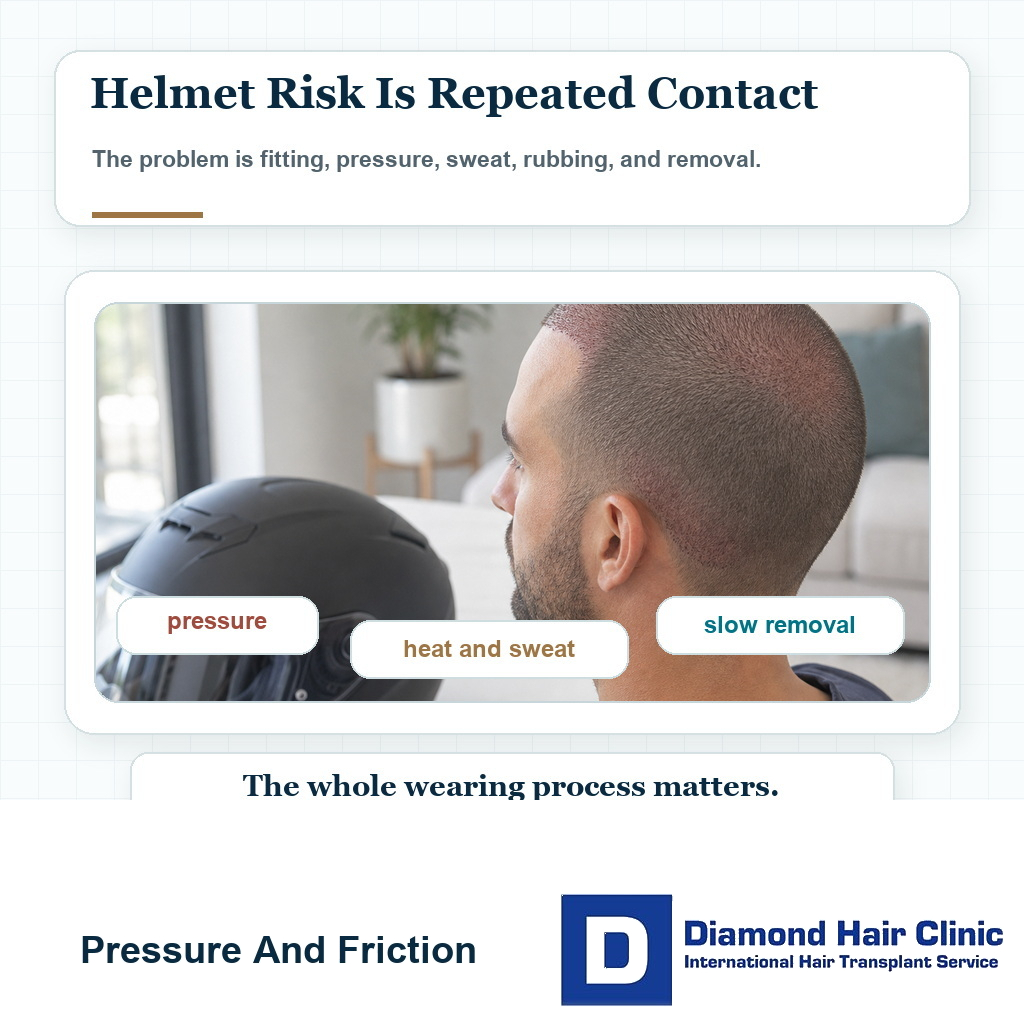 Recovery visual showing a clean helmet beside a post hair transplant patient with pressure sweat and slow removal reminders