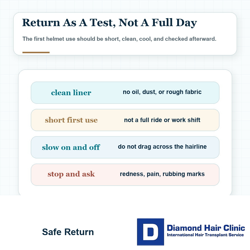 Return to helmet use card showing clean liner, short first use, scalp check, and stop if redness or pain appears