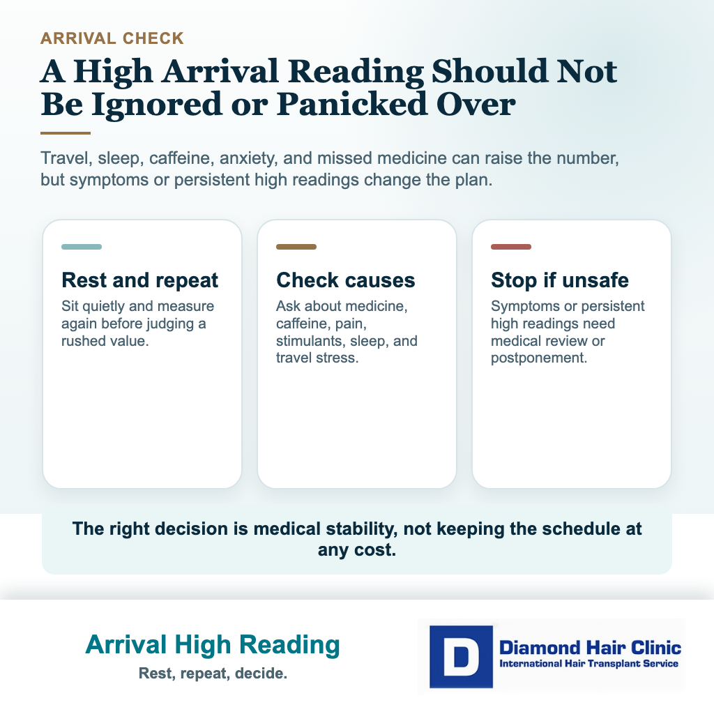 Visual explaining what should happen if blood pressure is high on hair transplant surgery arrival day