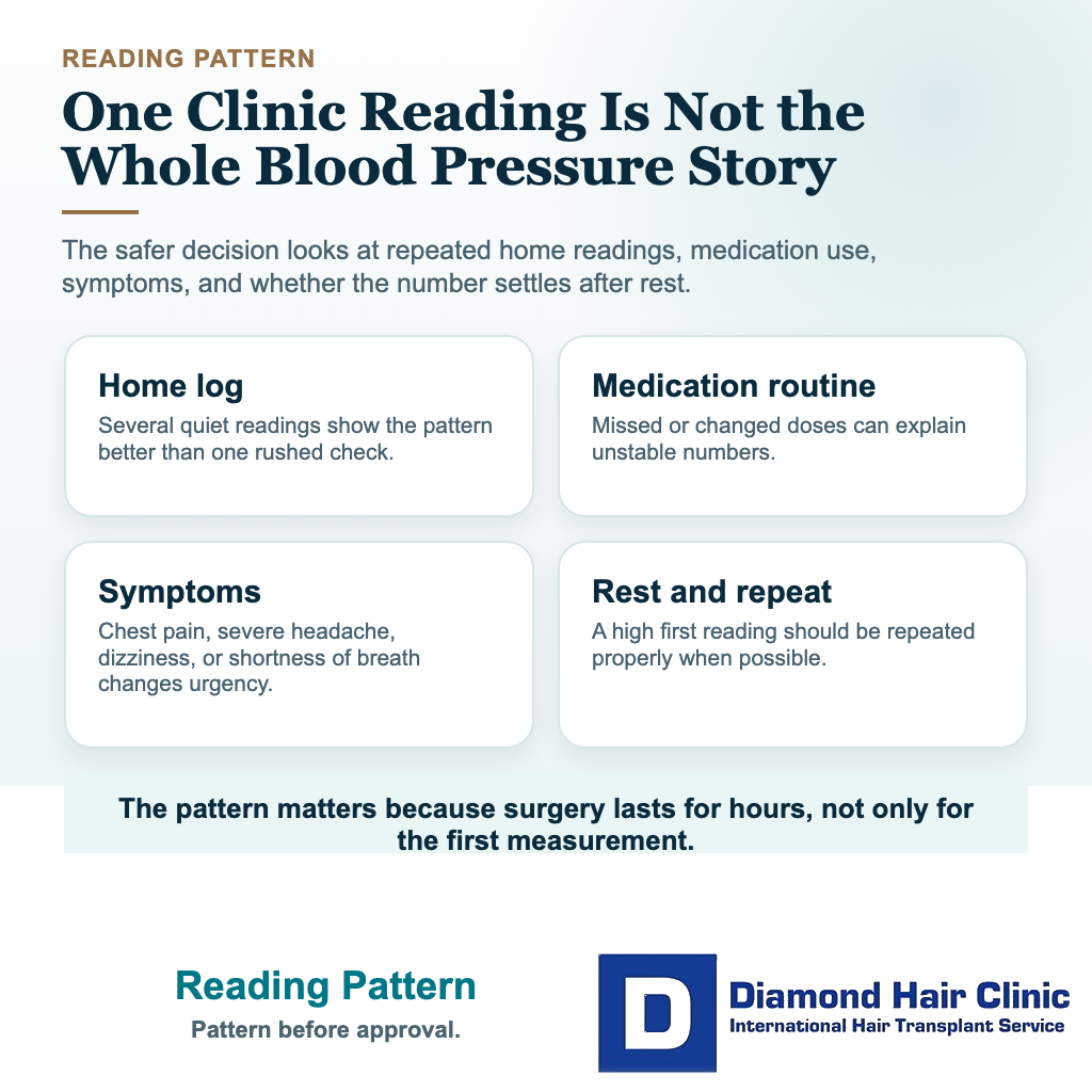 Visual explaining why blood pressure pattern and symptoms matter before hair transplant surgery
