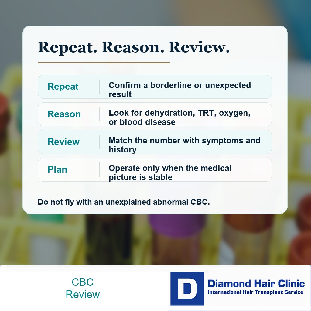 Diamond Hair Clinic visual explaining repeat test reason and medical review for high hematocrit before hair transplant