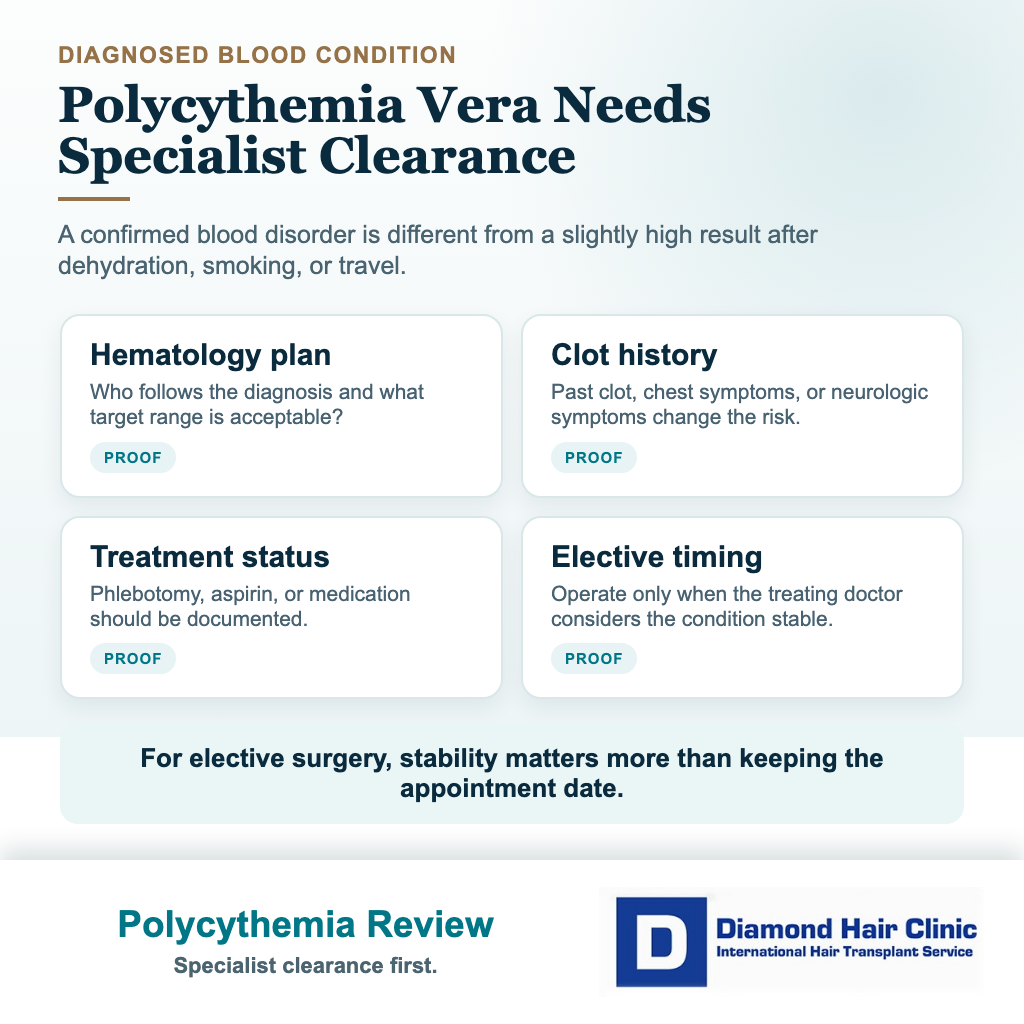 High hemoglobin or hematocrit visual explaining polycythemia vera specialist clearance before hair transplant surgery