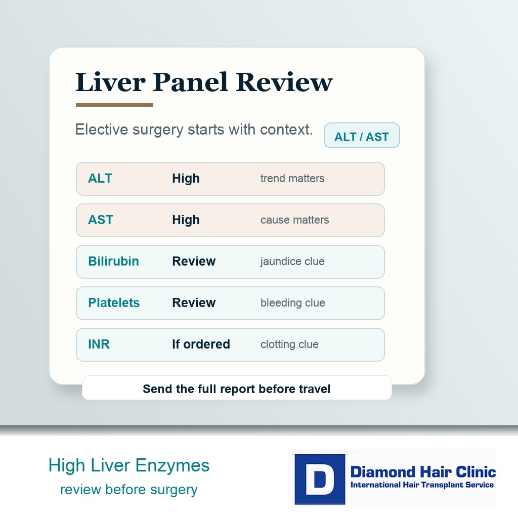 Liver panel review card for high ALT and AST before hair transplant surgery