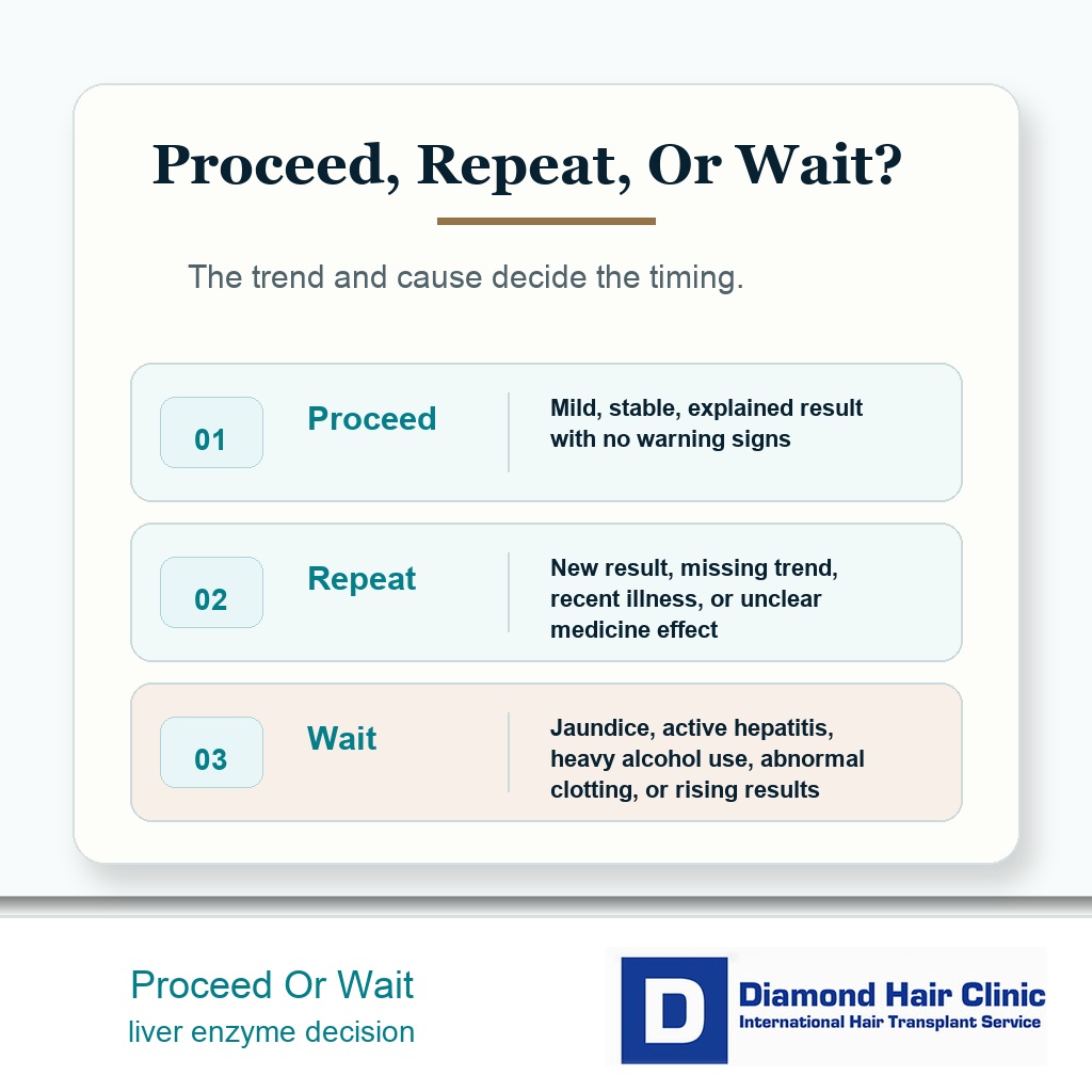 Decision card showing when hair transplant may proceed repeat testing or wait with high liver enzymes