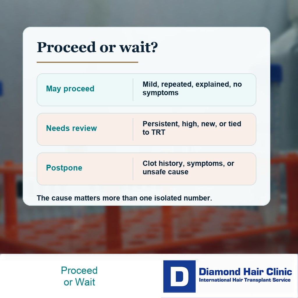 Diamond Hair Clinic visual showing when high red blood cell count may allow hair transplant and when surgery should wait
