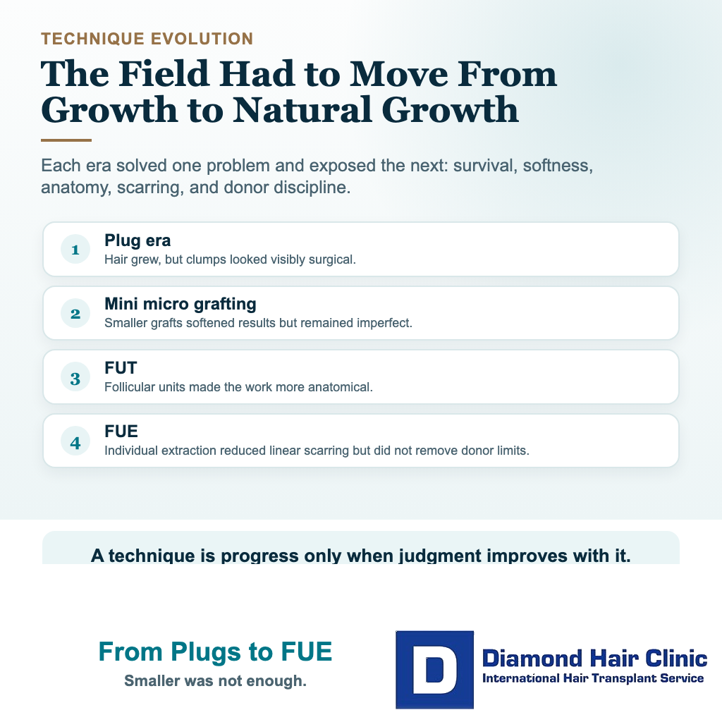 Visual explaining from plugs to fue in the history of hair transplantation