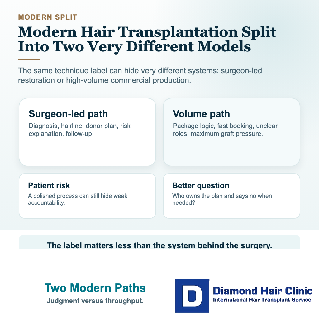 Visual explaining two modern paths in the history of hair transplantation