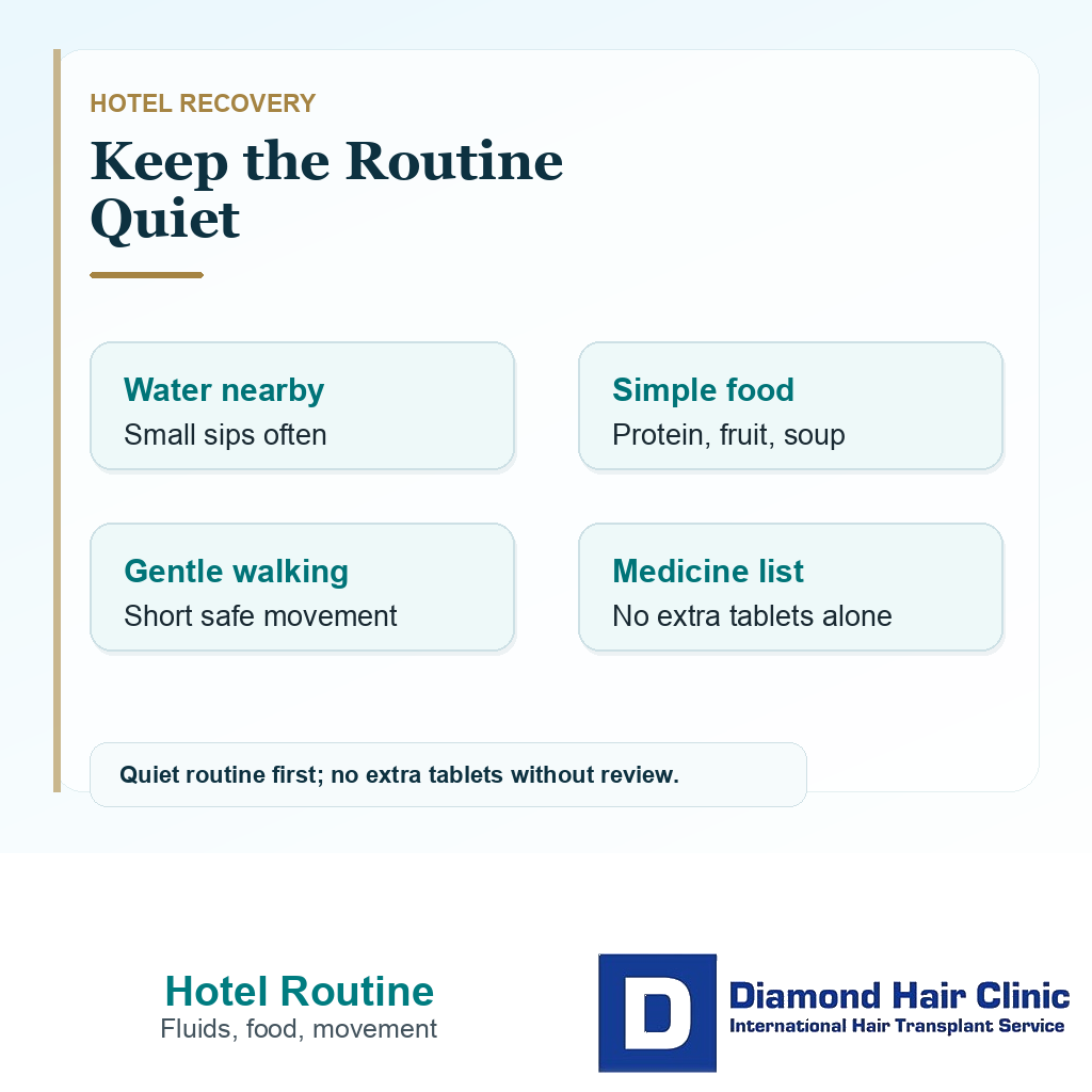 Hotel recovery support visual showing water simple food gentle walking and medicine list after hair transplant