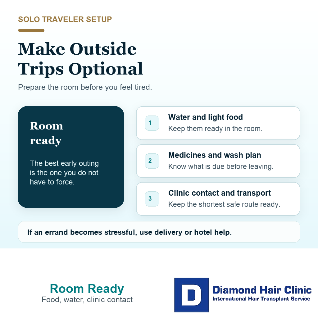 Support visual reminding hair transplant patients to keep food water medicines clinic contact and transport ready before going out
