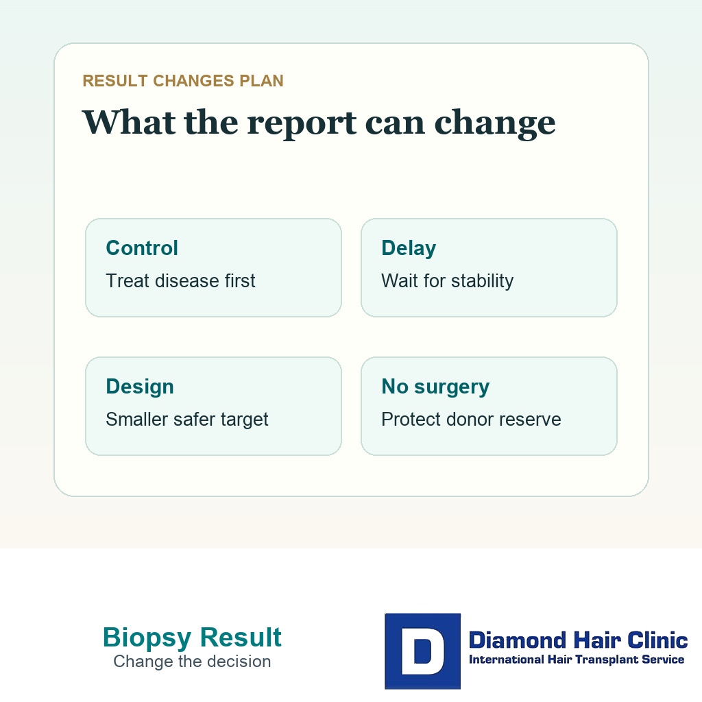 Support card showing diagnosis control delay conservative design and no surgery decision after scalp biopsy