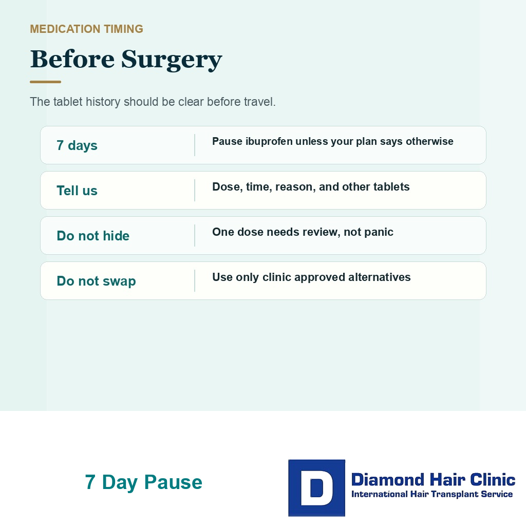 Diamond Hair Clinic visual showing when to pause ibuprofen before hair transplant surgery