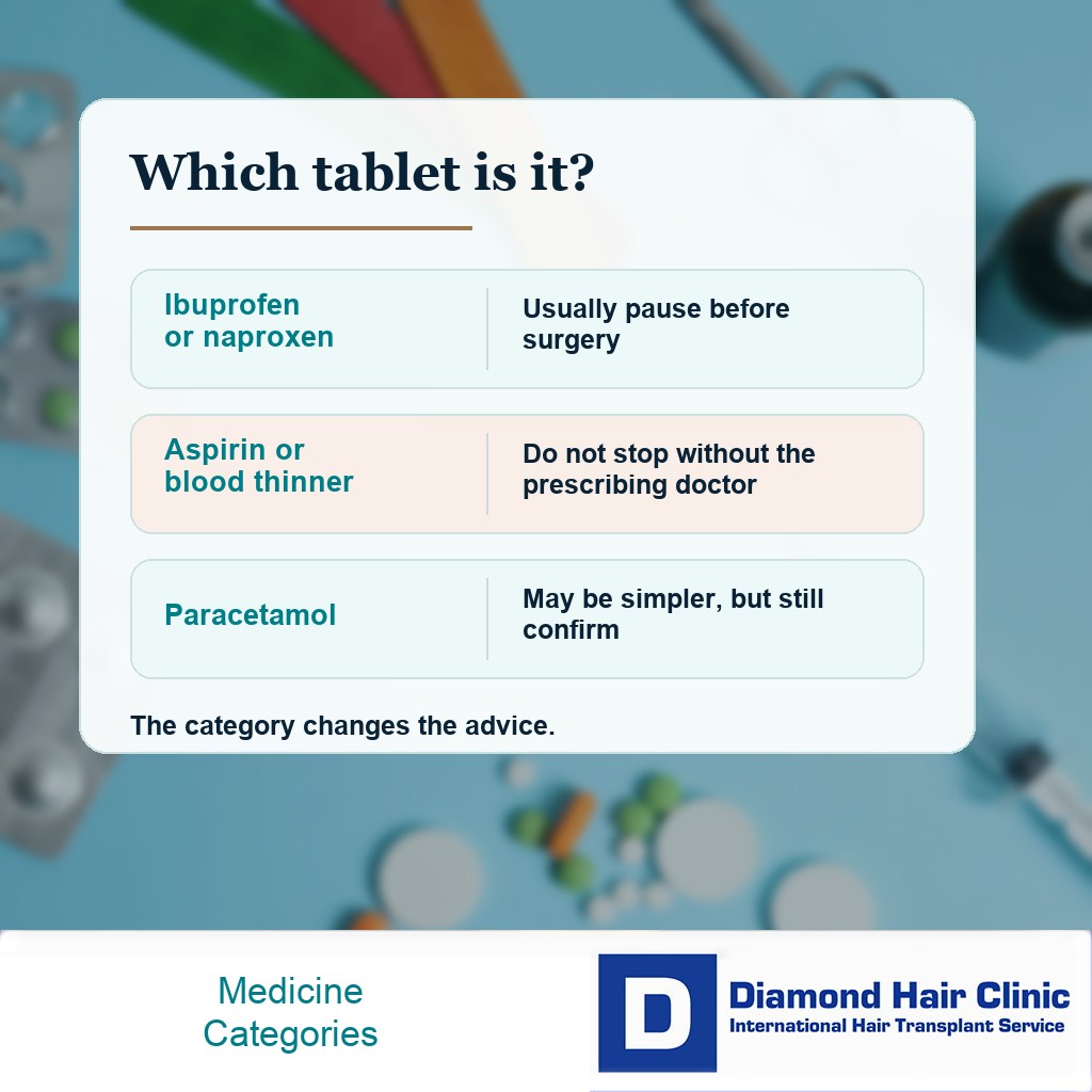 Diamond Hair Clinic visual comparing ibuprofen aspirin prescribed blood thinners and paracetamol before hair transplant