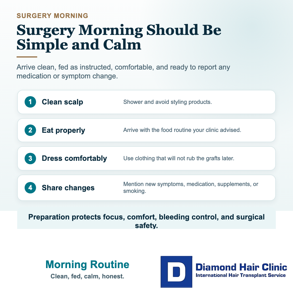 Pre-Op Instructions for Hair Transplant visual explaining morning routine