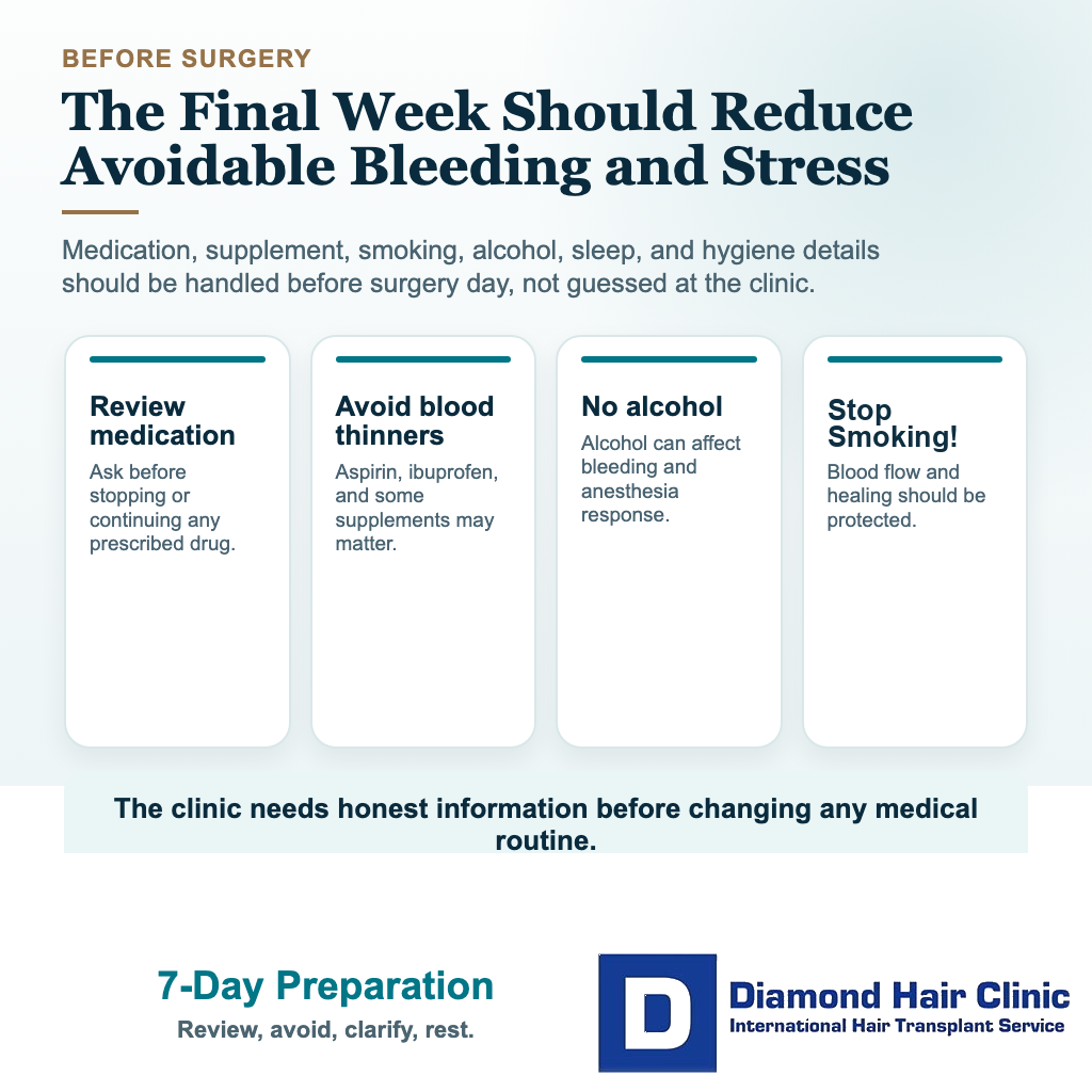 Pre-Op Instructions for Hair Transplant visual explaining 7-day preparation
