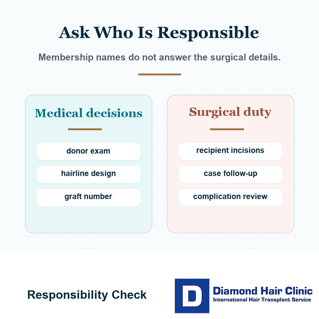 Responsibility card showing what patients should verify before trusting a hair transplant clinic