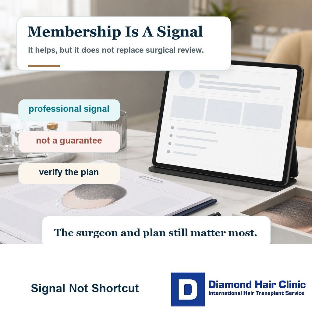 Photo based visual explaining that ISHRS membership is a useful signal but not a shortcut for reviewing the surgical plan