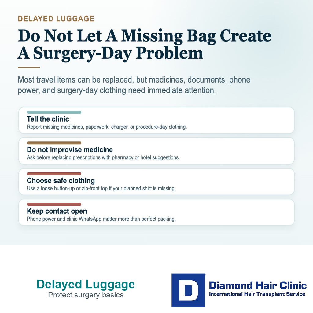 Diamond Hair Clinic visual explaining what hair transplant patients should do if checked luggage is delayed after arriving in Istanbul
