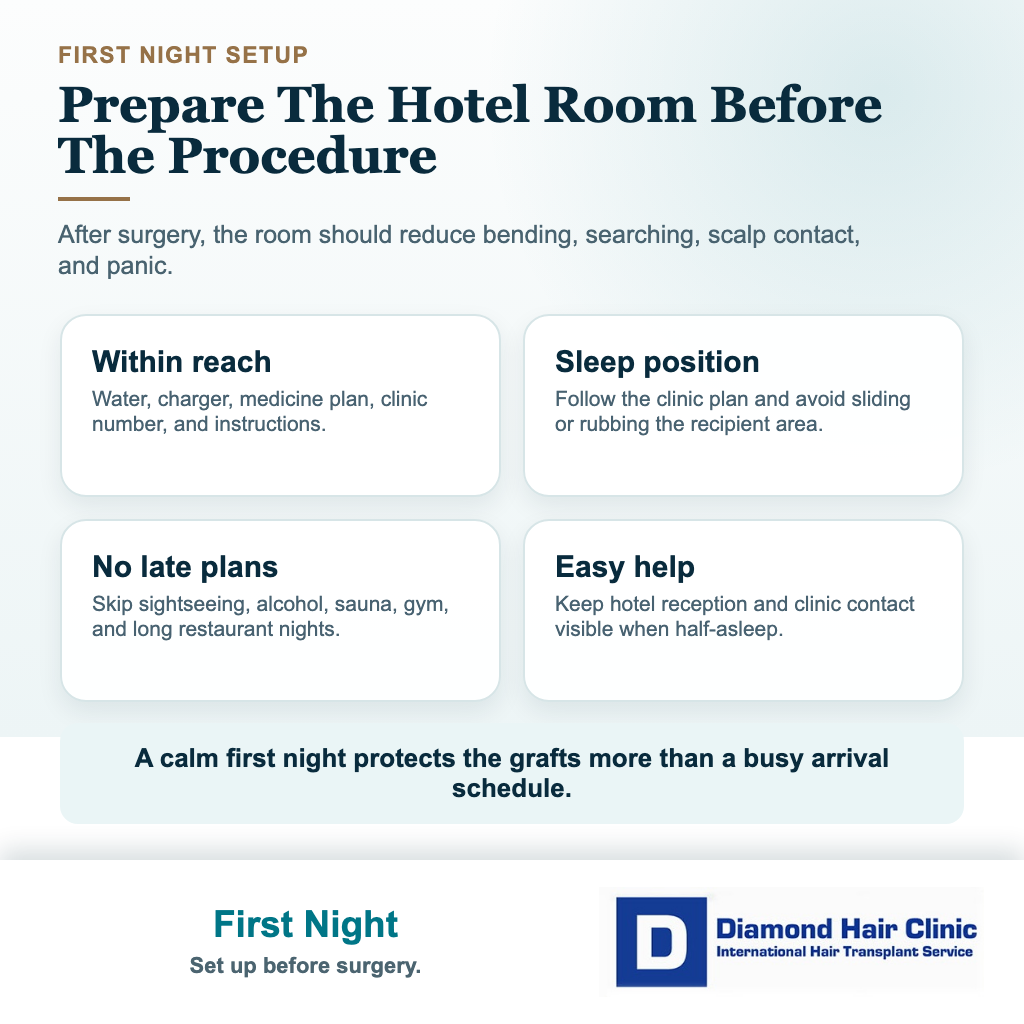 Diamond Hair Clinic visual explaining how to prepare the hotel room for the first night after hair transplant surgery in Istanbul