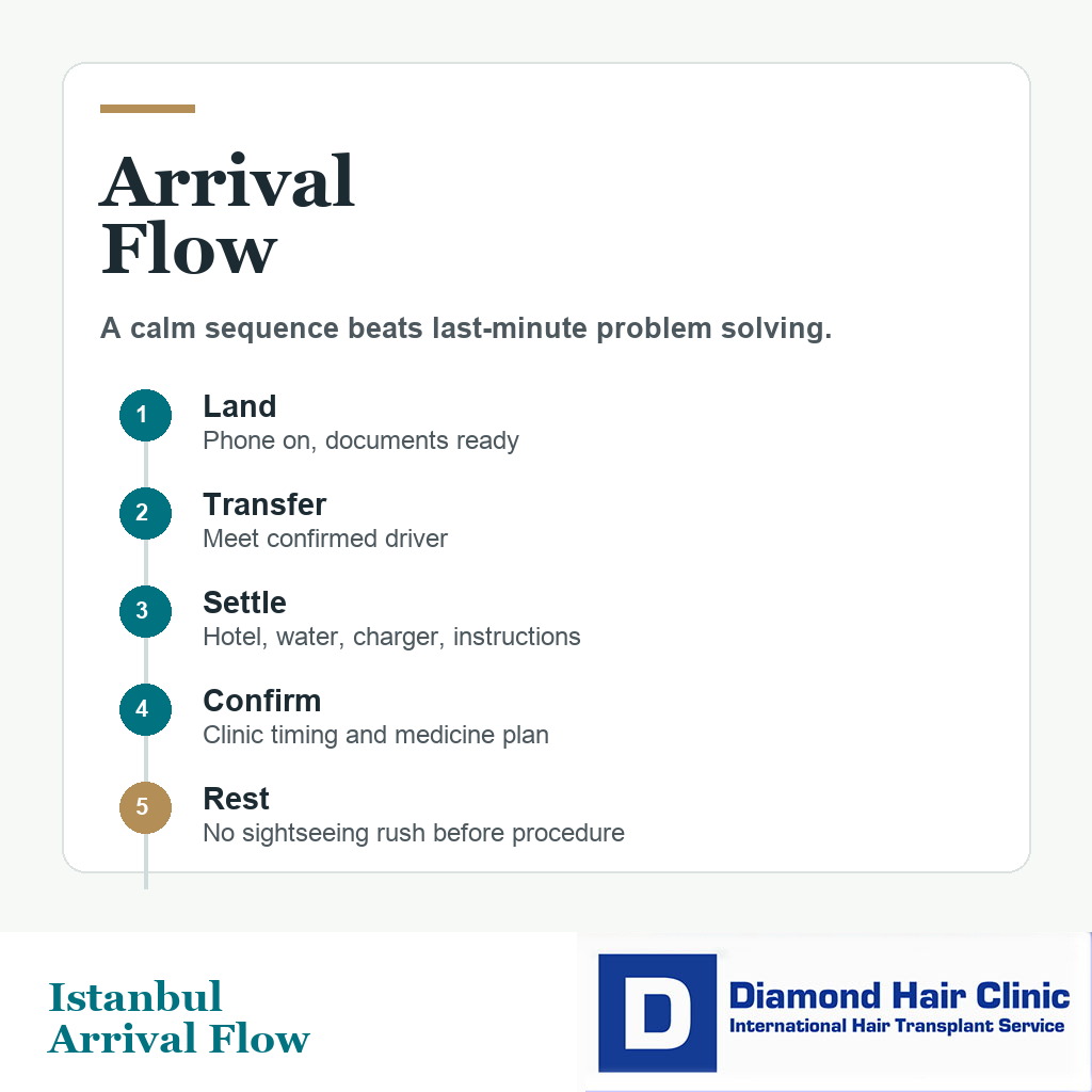 Arrival flow card for Istanbul hair transplant patients