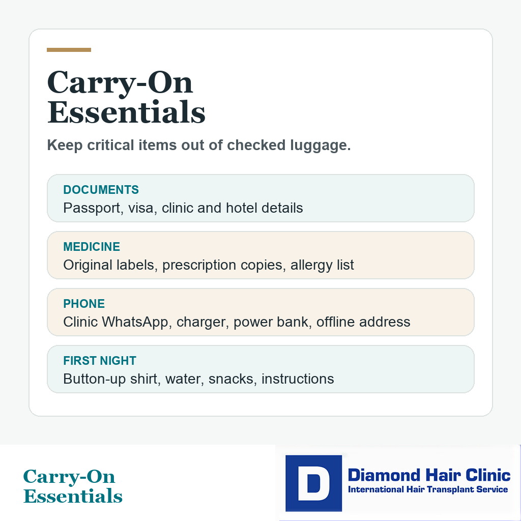 Carry-on essentials card for hair transplant patients traveling to Istanbul