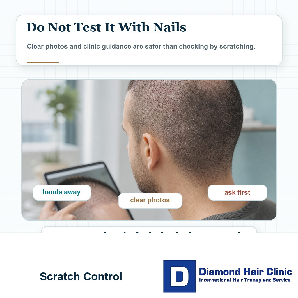 Hair transplant patient reviewing scalp photos instead of scratching an itchy area
