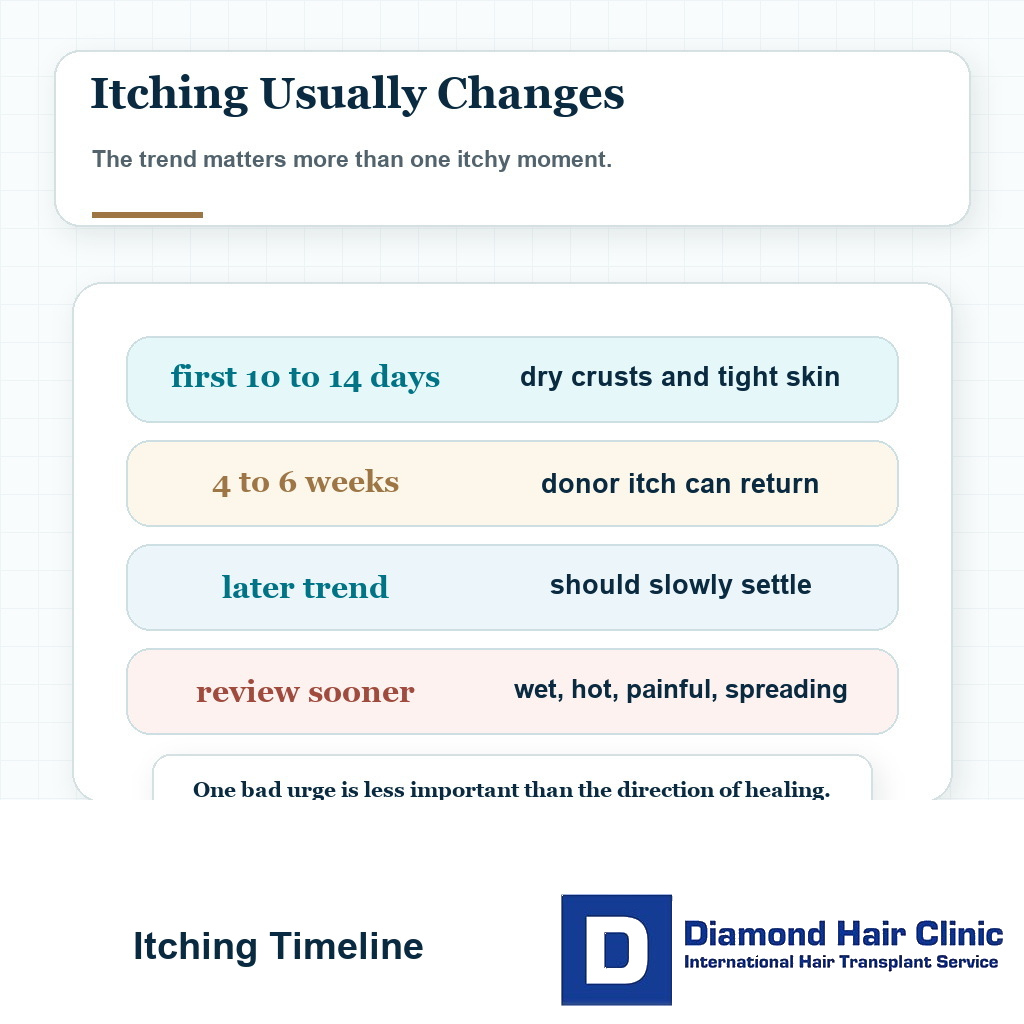 Itching after hair transplant timeline card showing early crust itching donor area itching and warning pattern review