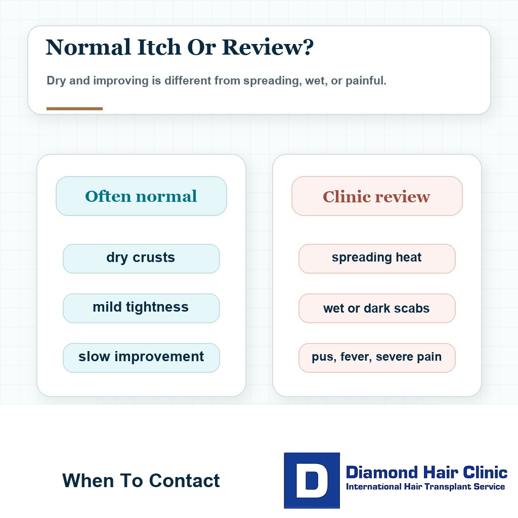 Comparison card explaining normal itching after hair transplant versus itching that should be reviewed by the clinic