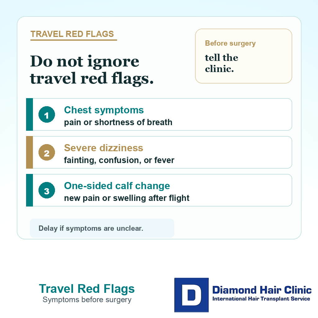 Support card listing travel red flags such as chest symptoms severe dizziness fever confusion and one-sided calf swelling before hair transplant surgery