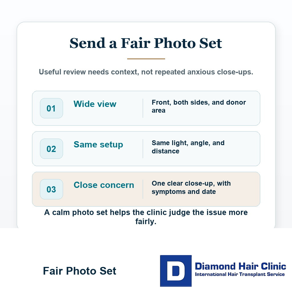Visual explaining which day one hair transplant photos are most useful for clinic review