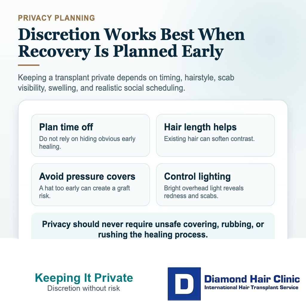Can You Keep a Hair Transplant Secret? visual explaining how should work, travel, and social plans be arranged?