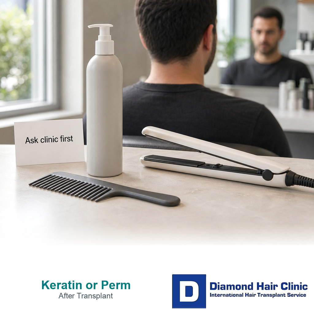 Flat iron comb and unlabeled smoothing product beside a patient asking the clinic before chemical styling after hair transplant