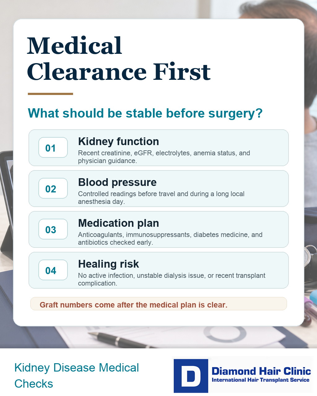 Medical clearance visual showing kidney function, blood pressure, medication, and healing checks before hair transplant