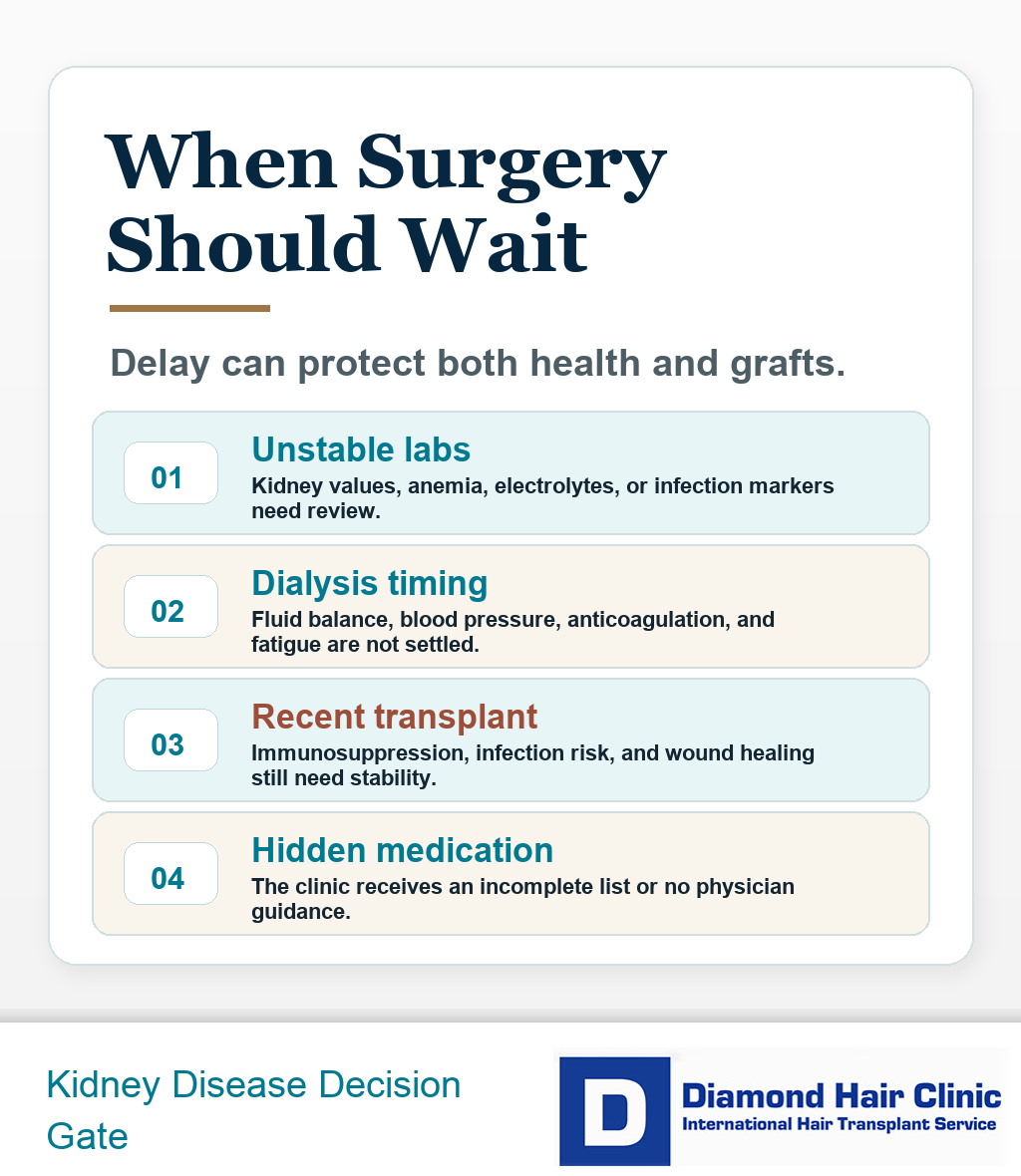 Decision card explaining when hair transplant surgery should wait in kidney disease patients