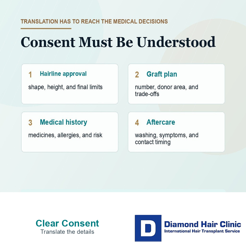 Information card listing the medical decisions that must be translated before hair transplant surgery abroad